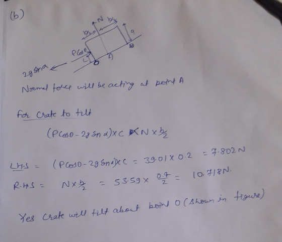(6) Blouses n ag sina e Normal force will be acting at point a for Crate to tilt (PCoso-28 Sn 2) XC XNX₂ = 7.802N (Ploso-29 S