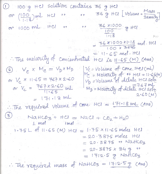 Mass @ 1009 Hel solution contains 36 g Her .or (100) mL HCl ro og 36g HOP [Volleme 07 on 1000 mb ltel on » 36 X1000. Her Dens