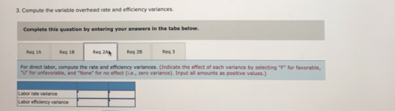 3. Compute the variable overhead rate and efficiency variances. Complete this question by entering your answers in the tabs b