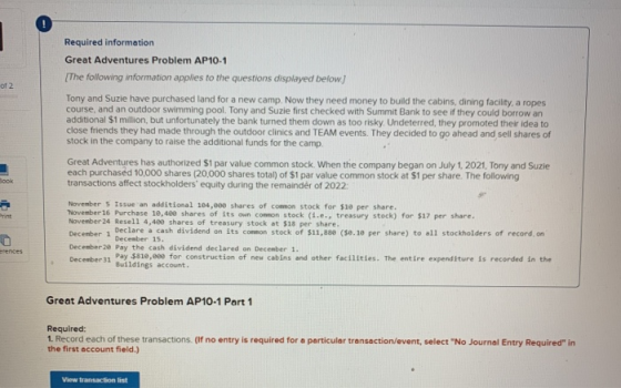 Required information Great Adventures Problem AP10-1 {The following information applies to the questions displayed below) of