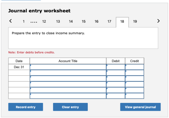 Journal entry worksheet < 1 ... 12 13 14 15 16 17 18 19 > Prepare the entry to close income summary. Note: Enter debits befor