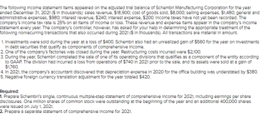 The following income statement items appeared on the adjusted trial balance of Schembri Manufacturing Corporation for the yea