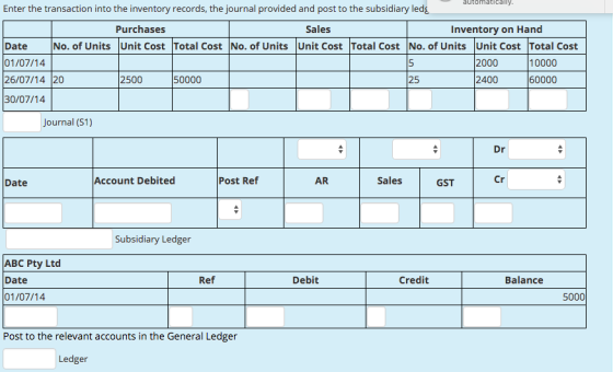 automatically Enter the transaction into the inventory records, the journal provided and post to the subsidiary ledg Purchases Sales Inventory on Hand No. of Units Unit Cost Total Cost No. of Units Unit Cost Total Cost No. of Units Unit Cost Total Cost Date 01/07/14 26/07/14 20 30/07/14 5 2000 10000 2500 50000 25 2400 60000 Journal (S1) Date Account Debited Post Ref AR Sales GST Subsidiary Ledger ABC Pty Ltd Date 01/07/14 Ref Debit Credit Balance 5000 Post to the relevant accounts in the General Ledger Ledger