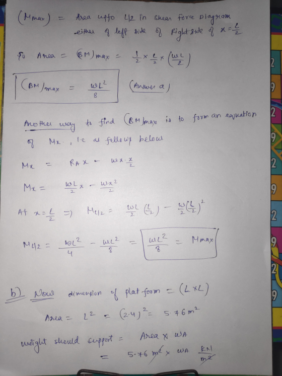 (Mmax) Area uffo 4/2 in shear Force Diagram either of left side Right side of x = 6 Area - BM) max = (BM) max Wh2 Answer a) 8