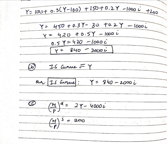 - 1000 i Ya 100+ 0.3C Y-100) + 150 +0.27 -1000 +200 = 450 +0.3Y- 30 to. 27 - 1000 r=420 +0.57 - 1000 i 0.5 Y = 420 -1000 i (r