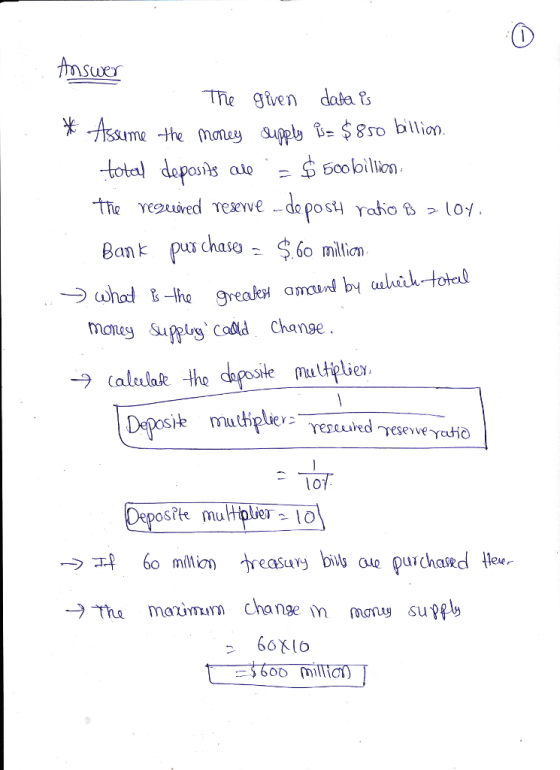 tns The gůen data β ¥-Assume the -tota) deposns0o billon Bank pu chaso$6o nmili money Suppluy codd Change