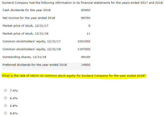 Sunland Company had the following information in its financial statements for the years ended 2017 and 2018: Cash dividends for the year 2018 Net income for the year ended 2018 Market price of stock, 12/31/17 Market price of stock, 12/31/18 Common stockholders equity, 12/31/17 Common stockholders equity, 12/31/18 Outstanding shares, 12/31/18 Preferred dividends for the year ended 2018 $5400 96700 9 1001000 1197000 99100 14900 What is the rate of return on common stock equity for Sunland Company for the year ended 2018? o 7.4% O 6.4% 6.8% 8.8%