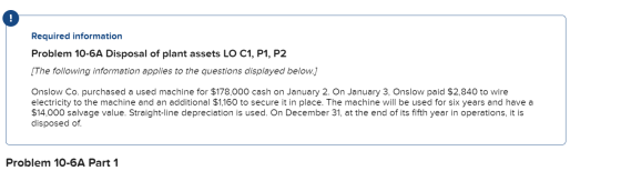 Required information Problem 10-6A Disposal of plant assets LO C1, P1, P2 (The following information applies to the questions