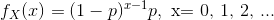 f_X(x)=(1-p)^{x-1}p, \text{ x= 0, 1, 2, ...}