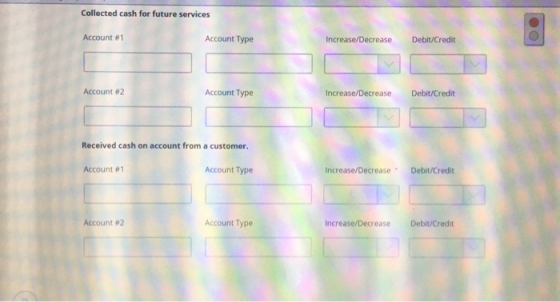 Collected cash for future services Account #1 Account Type Increase/Decrease Debit/Credit Account #2 Account Type Increase/De