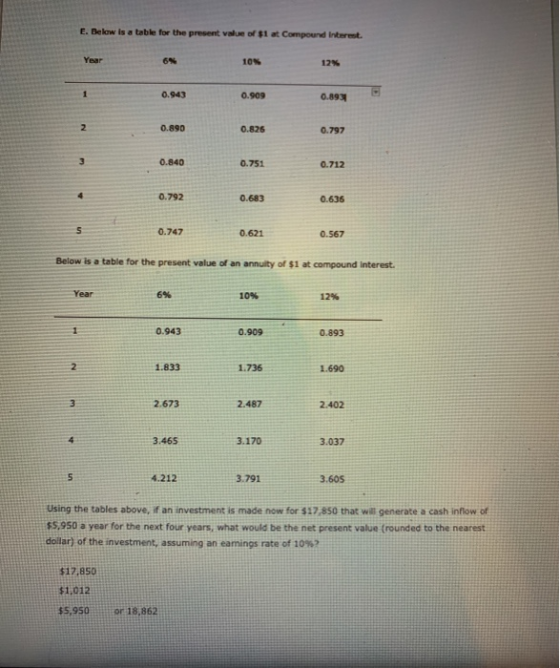 E. Below is a table for the present value of $1 at Compound Interest. Year 10 12% 1 0.943 0.909 0.893 2 0.890 0.826 0.797 3 0