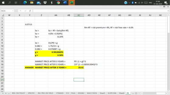 07:48 C w ENG 70 01-08-2020 36 Х AC21 . w X Y Z AA AB AC AD AE AF AG AH AI AJ AK 1 2 3 JUSTUS Rm-Rf = risk premium= 4%, Rf =