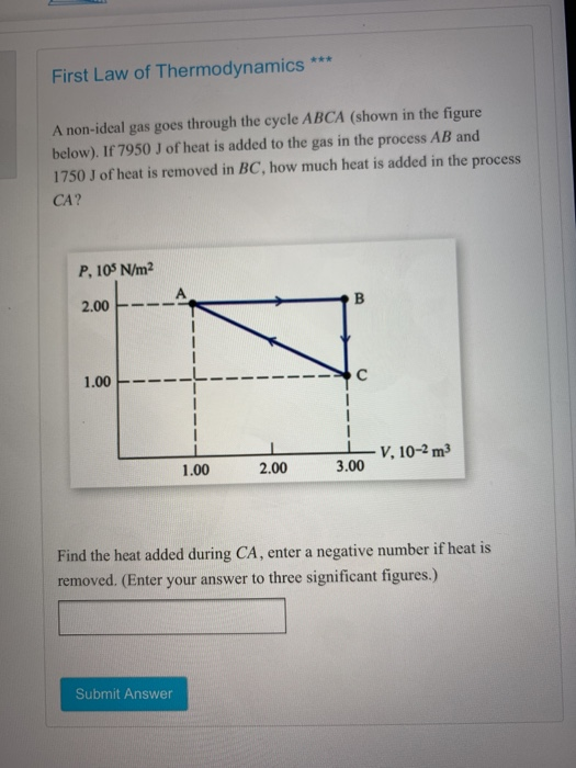First Law of Thermodynamics *** A non-ideal gas goes through the cycle ABCA (shown in the figure below). If 7950 J of heat is