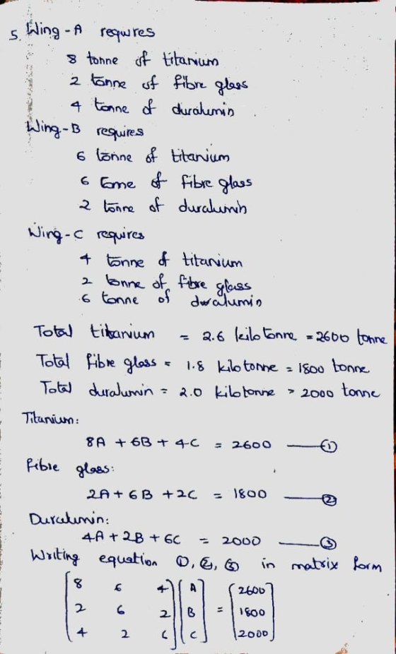 s. Wling - A requres 8 tonne of titanium 2 tonne of fibre glass 4 tonne of duralumin Wing-B requires 6 tonne of titanium 6 to