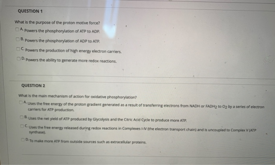 QUESTION 1 What is the purpose of the proton motive force? A Powers the phosphorylation of ATP to ADP. B. Powers the phosphor