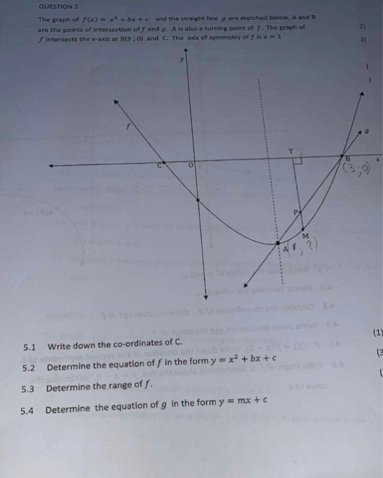 QUESTION 5 The graph of x)+ bxtc and the straight line g are sketched below. A and B are the points of intersection of f and
