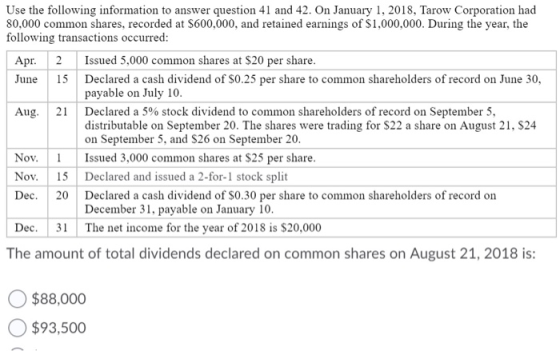 Use the following information to answer question 41 and 42. On January 1, 2018, Tarow Corporation had 80,000 common shares, r