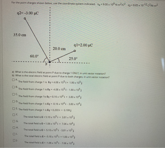 For the point charges shown below, use the coordinate system indicated. ke -9.00 x 10° N-m2/C2 20 -8.85 x 10-12 C21N-m2 q2= -