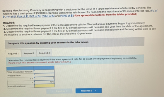 Benning Manufacturing Company is negotiating with a customer for the lease of a large machine manufactured by Benning. The ma