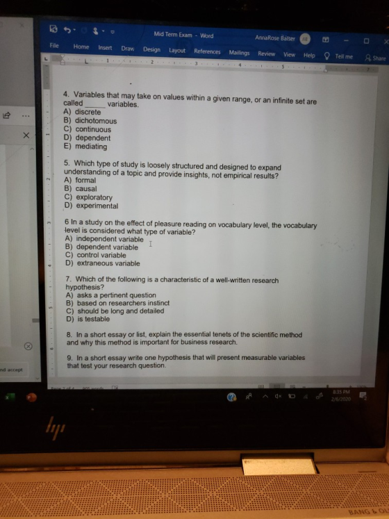 Mid Term Exam - Word Design Layout References File 0 Home Insert AnnaRose Baler Review View Dravi - Tell me Mailings % Share