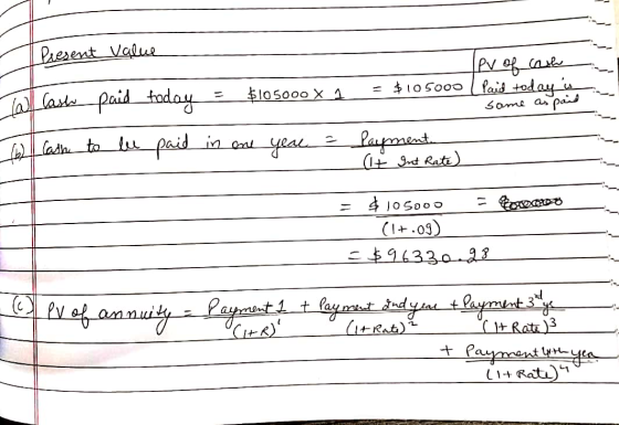 Thresent value IPv of ooh = $105000 l Pais today TWIl last paid foday = $105000 X 1 same as In cash to be paid in one year =