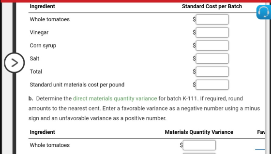 Ingredient Standard Cost per Batch $ Whole tomatoes $ Vinegar $ Corn syrup Salt $ Total $ Standard unit materials cost per po