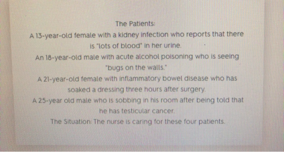 The Patients: A 13-year-old female with a kidney infection who reports that there is lots of blood in her urine. An 18-year