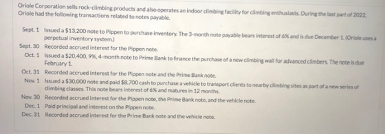Oriole Corporation sells rock-climbing products and also operates an indoor climbing facility for climbing enthusiasts. Durin