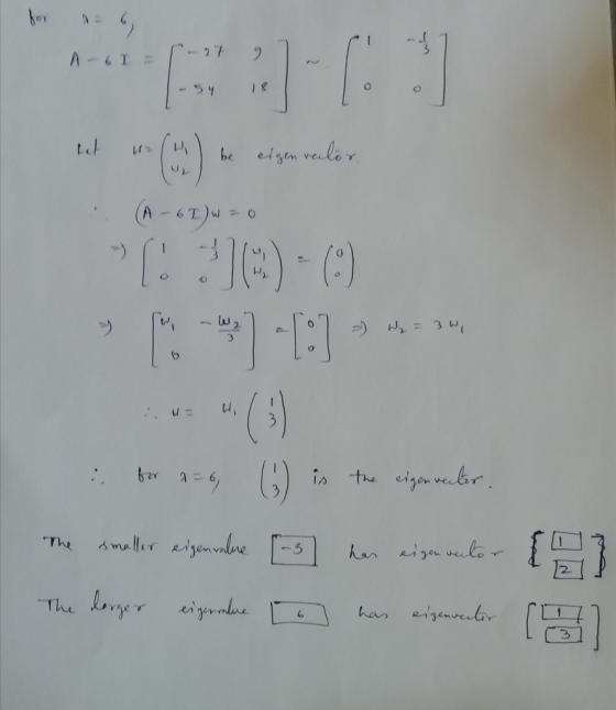 I for 6 -27 54 wat (*) * ten voller . (A - 6I)w = 0 ( ) CC:) for a=6 () is the eigenvector. The smaller eigenvalne [5] has ei