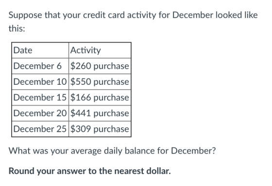 Suppose that your credit card activity for December looked like this: Date December 6 $260 purchase December 10 $550 purchase December 15 $166 purchase December 20 $441 purchase December 25 $309 purchase Activity What was your average daily balance for December? Round your answer to the nearest dollar.