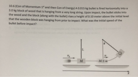 10.6 Con of Momentum 1 and then Con of Energy) A 0.015 kg bullet is fired horizontally into a 3.0 kg block of wood that is h