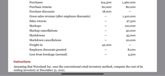 914,500 60,000 18,000 1,460,000 80,000 1,410,000 97.500 120,000 Purchases Purchase returns Purchase discounts Gross sales rev