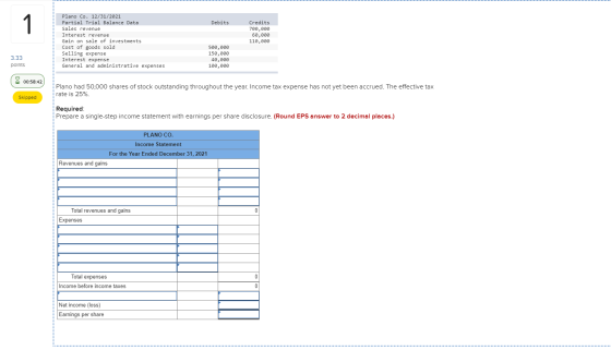 Debits Plano Co. 12/31/2021 Partial Trial Balance Data Sales revenue Interest revenue Gain on sale of investments Cost of goo