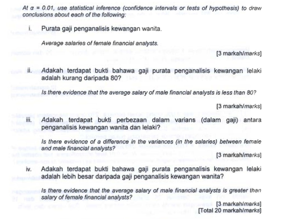 At α-0.01, use statistical inference (confidence intervals or tests of hypothesis) to draw conclusions about each of the foll