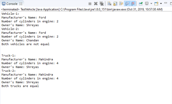 = E Console X x | = EH EH = = = = = <terminated TestVehicle [Java Application] C:\Program Files Vava jre1.8.0_151\bin\javaw.e