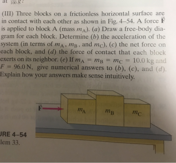 at 1oo 8 (III) Three blocks on a frictionless horizontal surface are in contact with each other as shown in Fig. 4-54. A force F is applied to block A (mass mA). (a) Draw a free-body dia- gram for each block. Determine (b) the acceleration of the system (in terms of mA, Mp, and mc), (c) the net force on each block, and (d) the force of contact that each block exerts on its neighbor. (e) If mA-mB-mc 10.0 kg and F = 96.0 N, give numerical answers to (b), (e), and (d). Explain how your answers make sense intuitivel ↑ F RE 4-54 lem 33