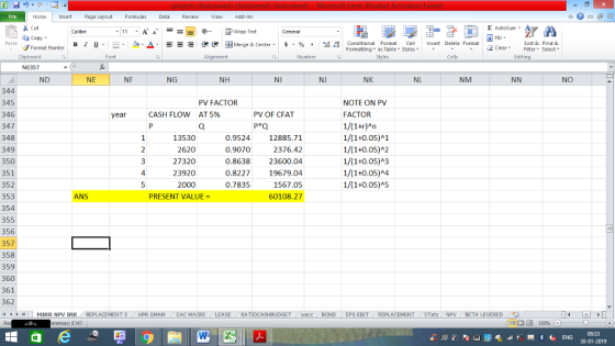 . Home nert Page Layout Formulas Data Review View dd-Ins s Cut aCopy Σ AutoSum ー E ゴWrap Text в 1 프 . Ej-., Δ. : rーー 逻锂函Merge & Center. $, % , 弼,8 Conditional Format eCell Insert Delete Format Paste Sort &Find & Format Painter Formatting as Table Styles2 Clear Clipboard Font Alignment Number Cells Edting NE357 ND NE NF NG NH NI NJ NK NL NM NO 344 345 346 347 348 349 350 351 352 353 354 355 356 357 358 359 360 361 362 (4 トト1 | | MIRR NpV IRR NOTE ON PV FACTOR 1/(1+r)An 1/(1+0.05% 1 1/(1+0.05)42 1/(1+0.05)A3 1/(1+0.05)A4 1/(1+0.05)A5 PV FACTOR AT 5% PV OF CFAT P Q year CASH FLOW 13530 2620 27320 23920 2000 .952412885.71 2376.42 0.863823600.04 19679.04 1567.05 60108.27 0.9070 4 5 0.8227 0.7835 ANS PRESENT VALUE- REPLACEMENT S . . HPR GMAM EAC MACRS LEASE . RATIOCASHBUDGET Wacc , BOND EPS EBIT REPLACEMENT (STats BETA LEVERED erences: E147 福 130% 08:33