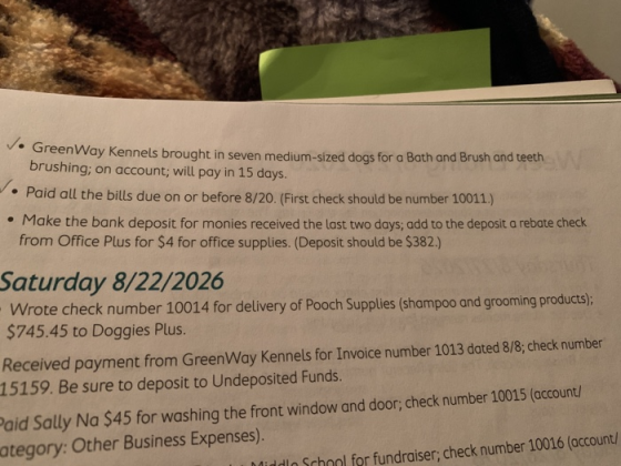 Vo GreenWay Kennels brought in seven medium-sized dogs for a Bath and Brush and teeth brushing; on account; will pay in 15 da