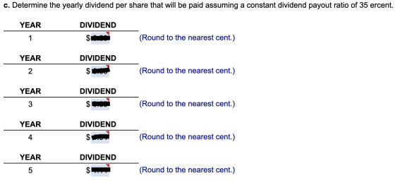 c. Determine the yearly dividend per share that will be paid assuming a constant dividend payout ratio of 35 ercent. YEAR DIV