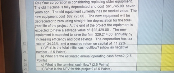 Q4) Your corporation is considering replacing equipment. The old machine is fully depreciated and cost $61,745.00 seven years ago. The old equipment currently has no market value. The new equipment cost $82,723.00. The new equipment will be depreciated to zero using straight-line depreciation for the four- year life of the project. At the end of the project the equipment is expected to have a salvage value of $22,429.00. The new equipment is expected to save the firm $29,214.00 annually by increasing efficiency and cost savings. The corporation has tax rate of 34.33%, andarequired.return oncapitaLot-11.22%. older 22 l a) What is the total initial cash outflow? (show as negative b) What are the estimated annual operating cash flows? (2.5 d) What is the NPV for this project? (2.5 Points 23 number -2.5 Points) 25 c) What is the terminal cash flow? (2.5 Points) 26