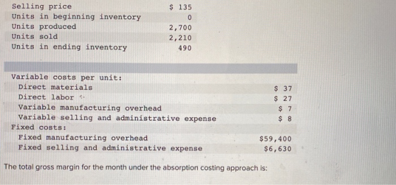 Selling price Units in beginning inventory Units produced Units sold Units in ending inventory $ 135 0 2,700 2,210 490 Variab