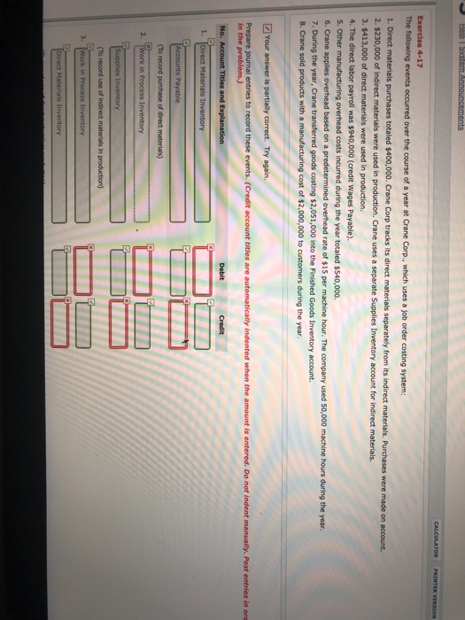 Her System Announcements CALCULATOR PRINTER VERSION Exercise 4-17 The following events occurred over the course of a year at