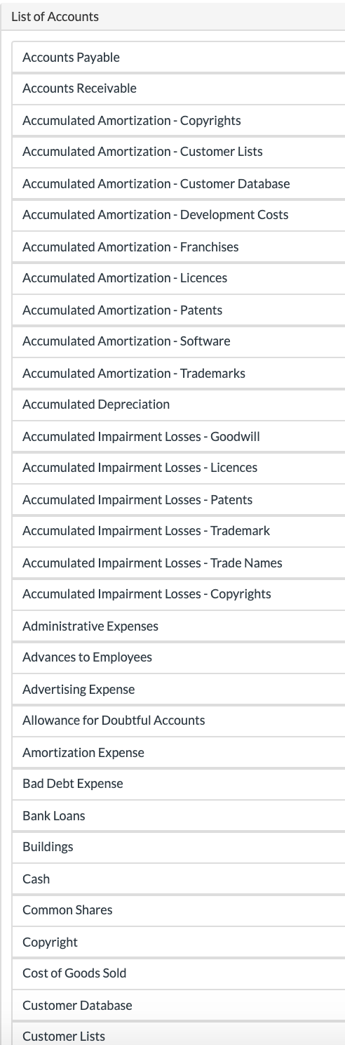 List of Accounts Accounts Payable Accounts Receivable Accumulated Amortization - Copyrights Accumulated Amortization - Custom