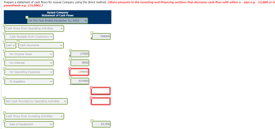 Prepare a statement of cash flows for Ayayai Company using the direct method. (Show amounts in the investing and financing se