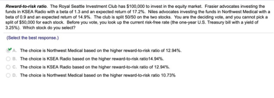 Reward-to-risk ratio. The Royal Seattle Investment Club has $100,000 to invest in the equity market. Frasier advocates invest