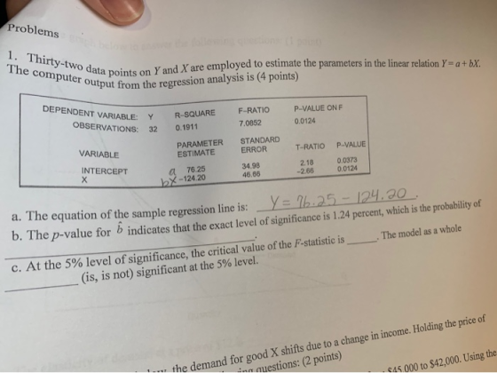 Problems 1. Thirty-two data points The computer output fro ab Vu dat y and X are employed to estimate the parameters in the l