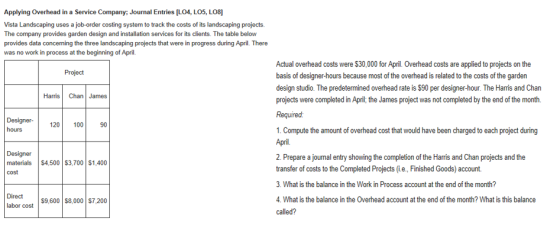 Applying Overhead in a Service Company: Journal Entries (L04, LOS, LOB] Vista Landscaping uses a job-order costing system to