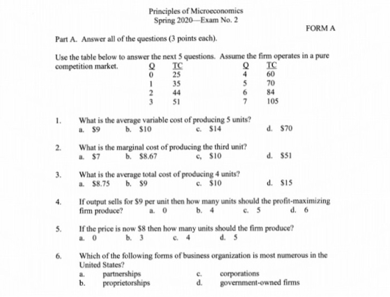 Principles of Microeconomics Spring 2020—Exam No. 2 FORMA Part A. Answer all of the questions (3 points each). TC TC Use the