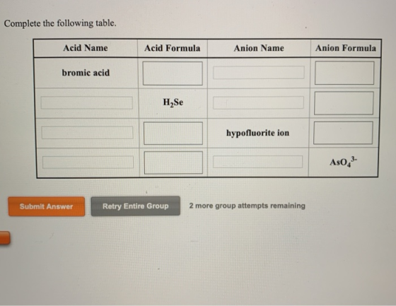 Complete the following table. Acid Name Acid Formula Anion Name Anion Formula bromic acid H. Se hypofluorite ion AsO 3- Submi