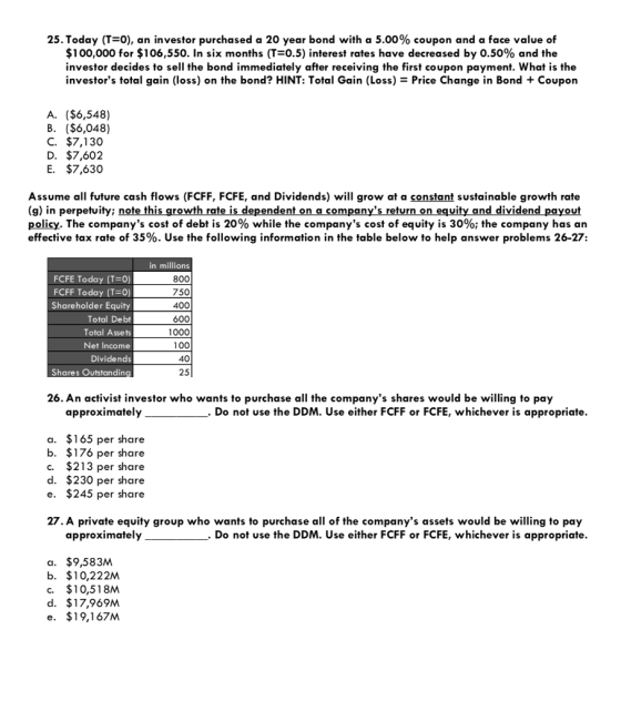 25. Today (T-O), an investor purchased a 20 year bond with a 5.00% coupon and a face value of $100,000 for $106,550. In six months (T-0.5) interest rates have decreased by 0.50% and the investor decides to sell the bond immediately after receiving the first coupon payment. What is the investors total gain (loss) on the bond? HINT: Total Gain (Loss) Price Change in Bond +Coupon A. ($6,548) B. ($6,048) C. $7,130 D. $7,602 E. $7,630 Assume all future cash flows (FCFF, FCFE, and Dividends) will grow at a constant sustainable growth rate policy. The companys cost of debt is 20% while the companys cost of equity is 30%; the company has an effective tax rate of 35%. Use the following information in the table below to help answer problems 26-27: FCFE Today (T O) FCFF Today (T-0) Shareholder Equity Total Debt Total Assets Net Income Dividends Shares Outstanding in millions 800 750 400 600 1000 100 40 25 26. An activist investor who wants to purchase all the companys shares would be willing to pay approximately_ Do not use the DDM. Use either FCFF or FCFE, whichever is appropriate a. $165 per share b. $176 per share c. $213 per share d. $230 per share e. $245 per share 27. A private equity group who wants to purchase all of the companys assets would be willing to pay approximately . Do not use the DDM. Use either FCFF or FCFE, whichever is appropriate a. $9,583M b. $10,222M c. $10,518M d. $17,969M e. $19,167M